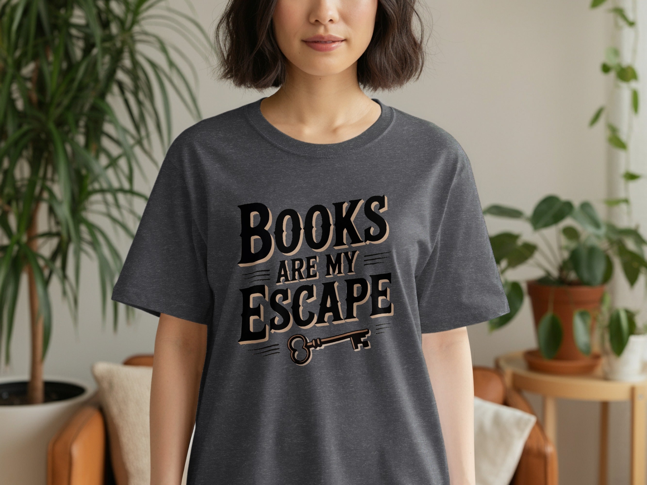 T-shirt with "BOOKS ARE MY ESCAPE" text and a key graphic.