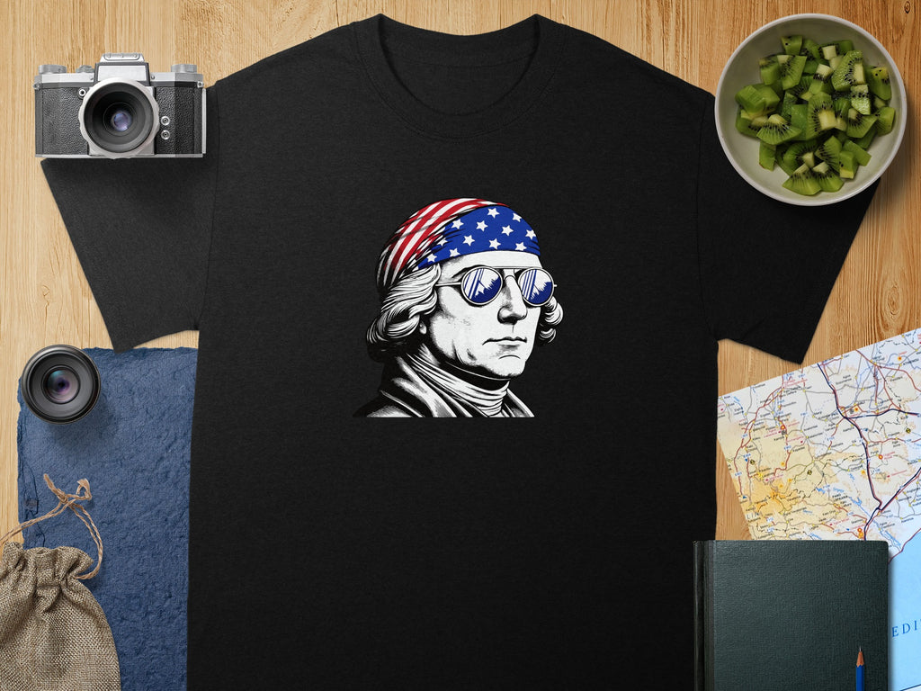 Black T-shirt with etching of George Washington wearing star-spangled bandana and sunglasses.