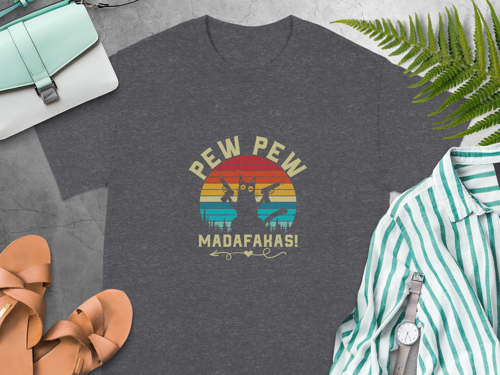 Dark grey t-shirt with a distressed graphic of two cats holding guns and the text "Pew Pew Madafakas!".