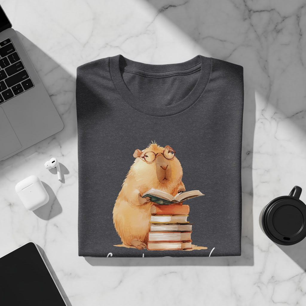 Dark grey t-shirt with a watercolor print of a capybara wearing glasses reading a book.
