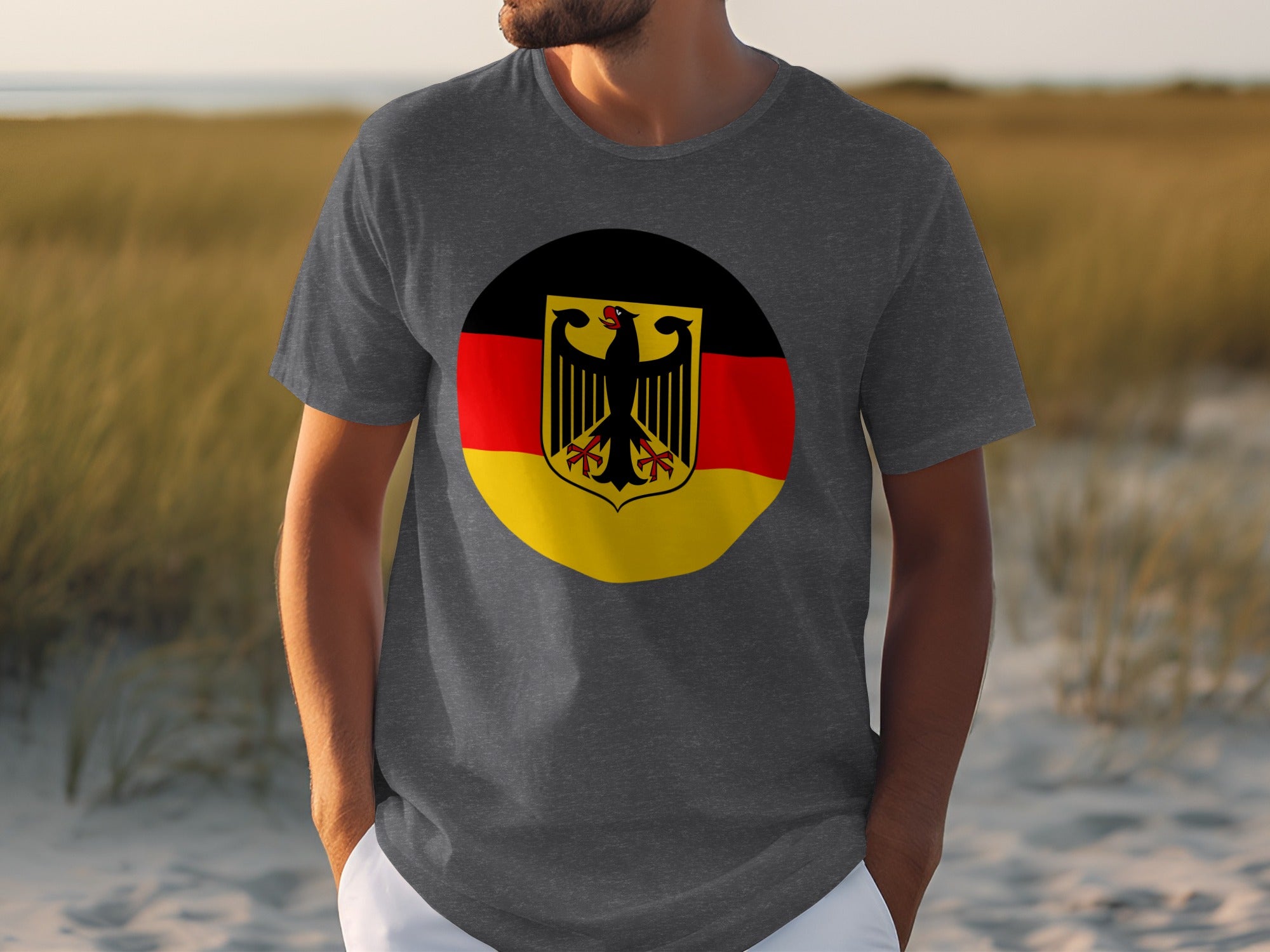 Men's t-shirt with circular German flag and coat of arms on chest.