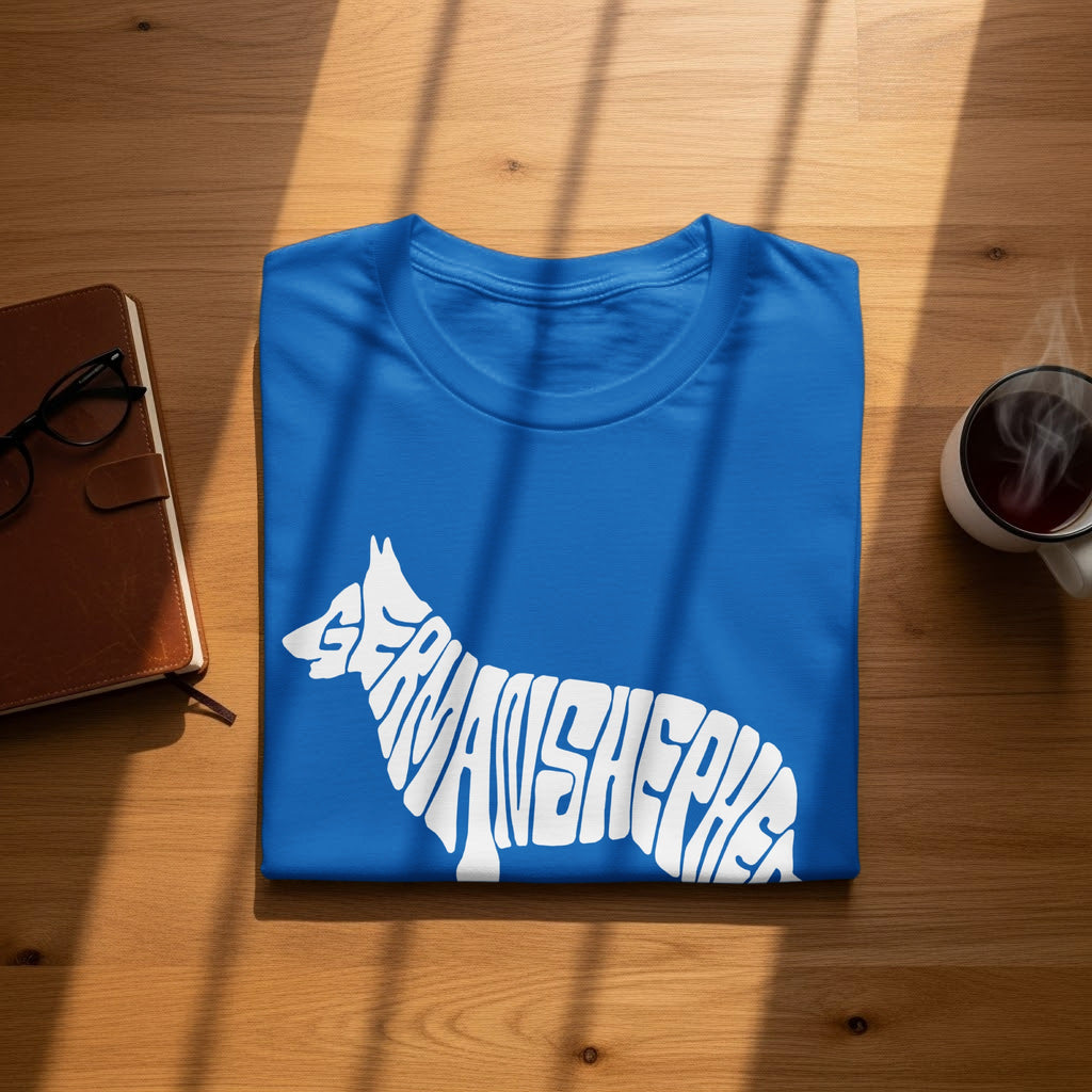 Blue t-shirt with German Shepherd silhouette graphic made of words.