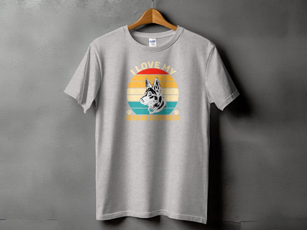 Grey t-shirt with a retro sunset graphic featuring a German Shepherd and text.