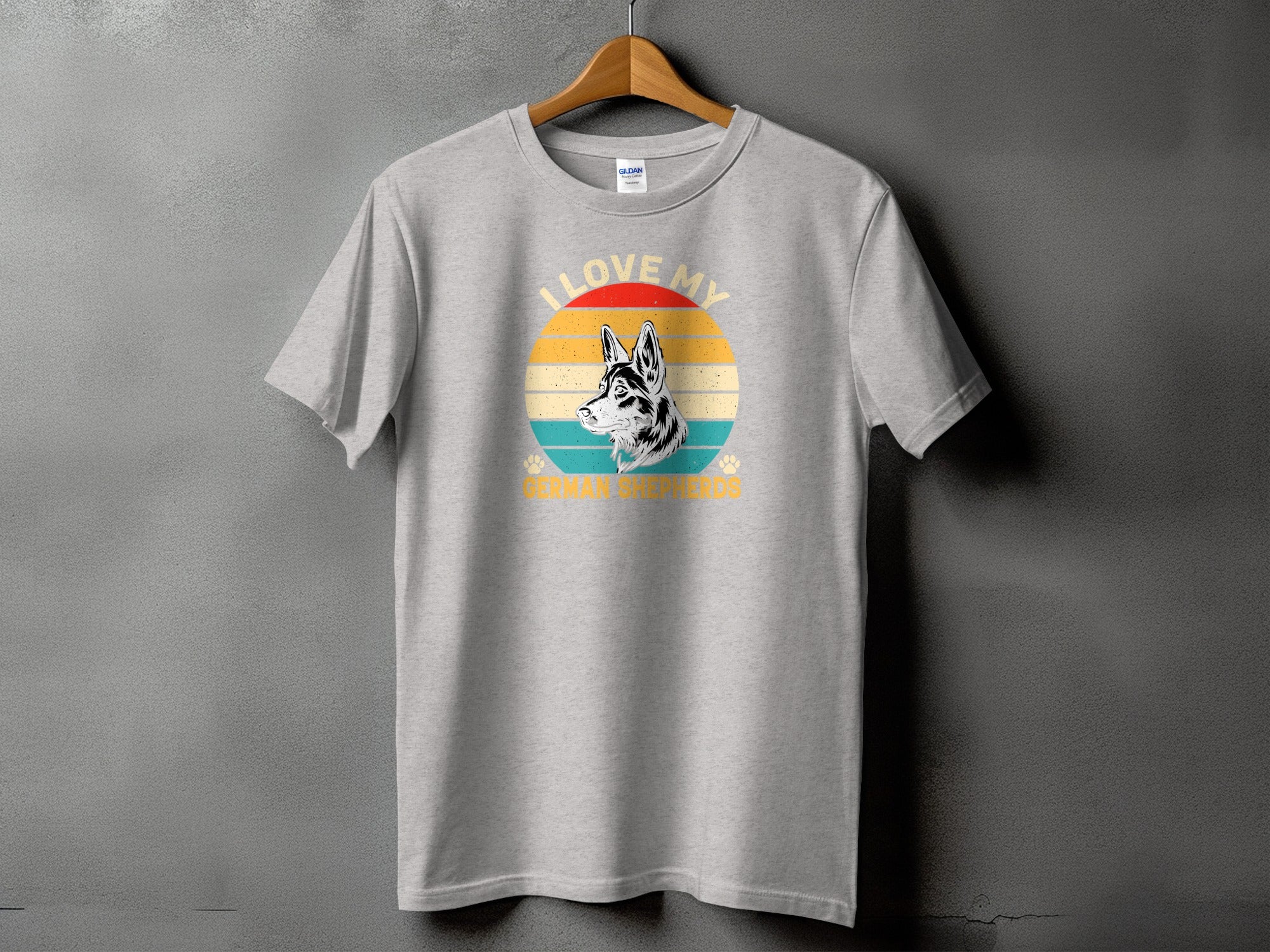 Grey t-shirt with a retro sunset graphic featuring a German Shepherd and text.