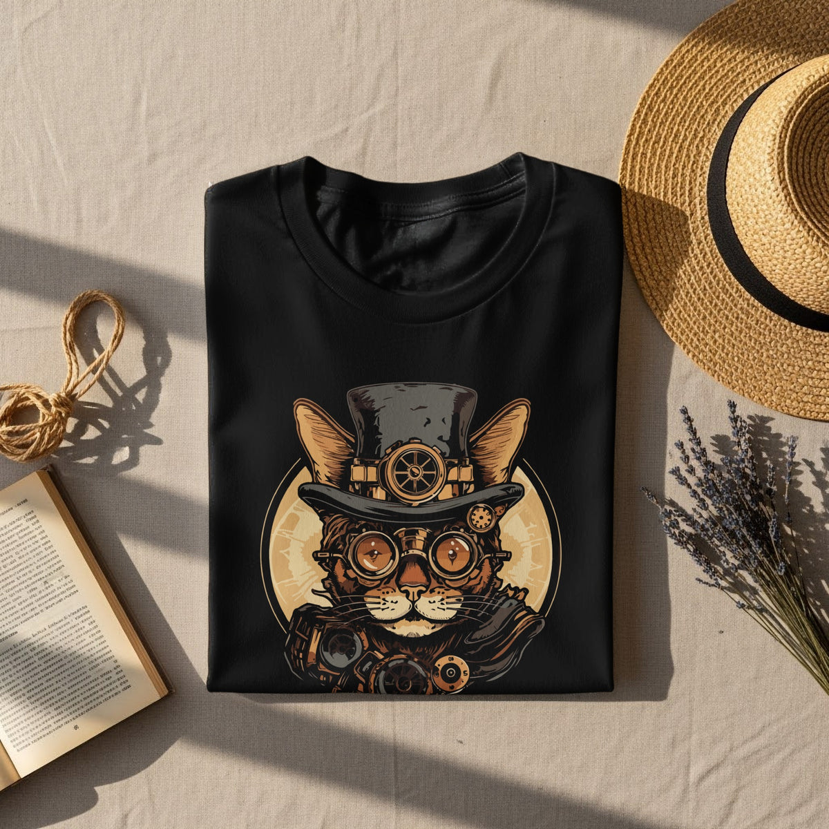 Black t-shirt with steampunk cat graphic featuring goggles and top hat.