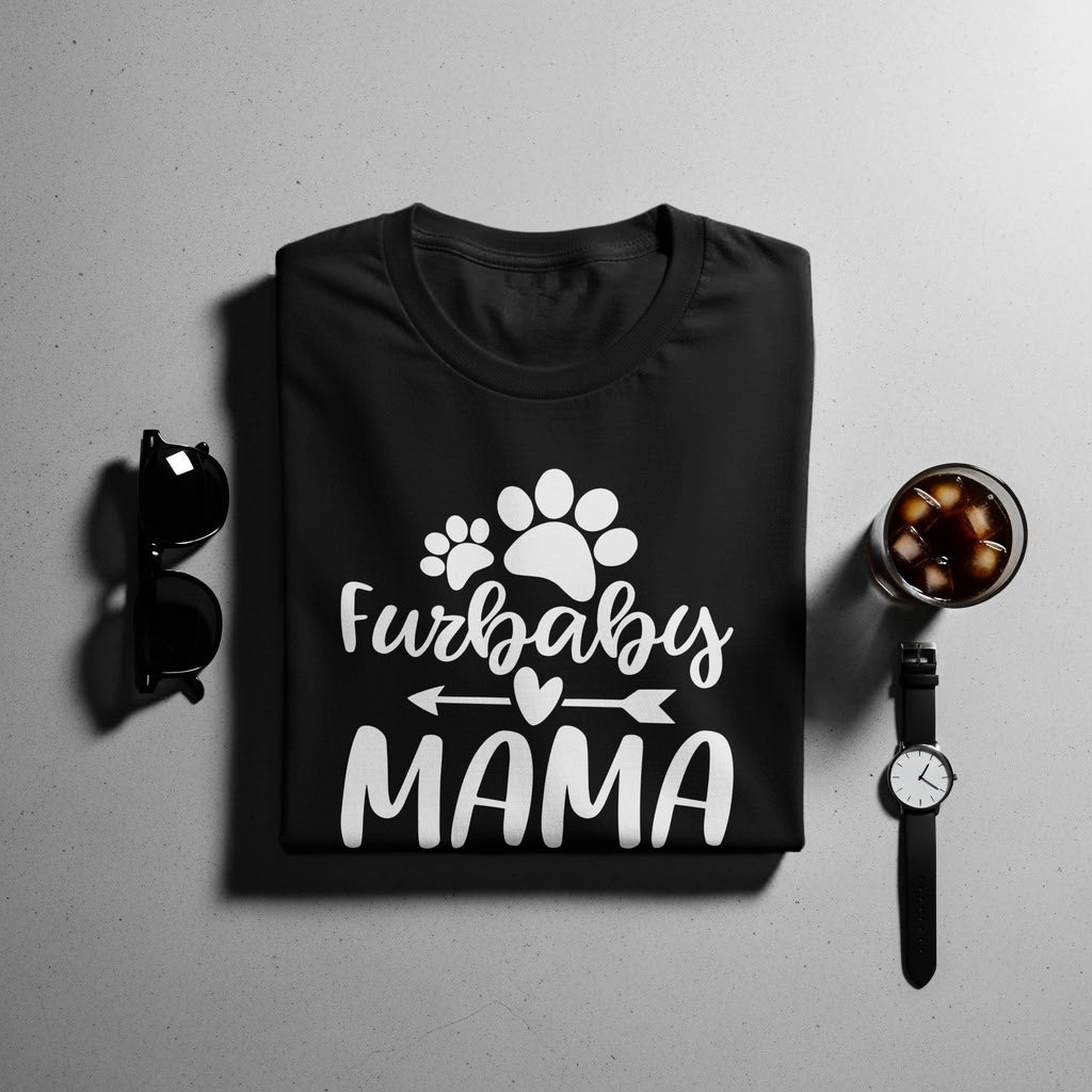 Black t-shirt with white "Furbaby MAMA" text and paw prints.