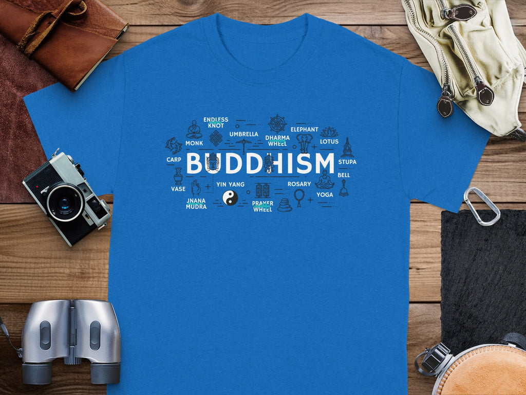Blue t-shirt with "BUDDHISM" and symbols like lotus, elephant, and stupa.