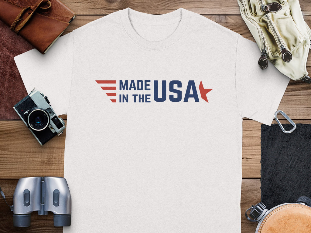 White t-shirt with "MADE IN THE USA" text and a red star graphic.