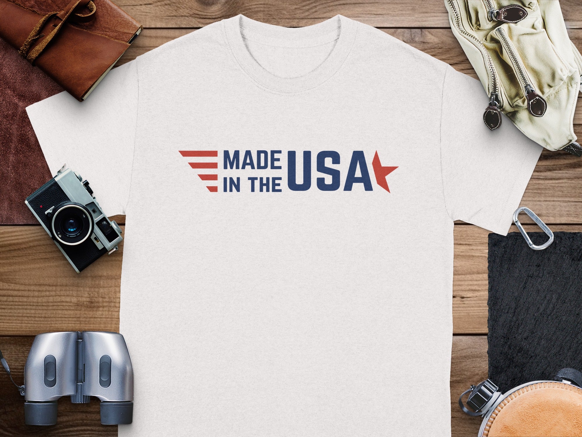 White t-shirt with "MADE IN THE USA" text and a red star graphic.