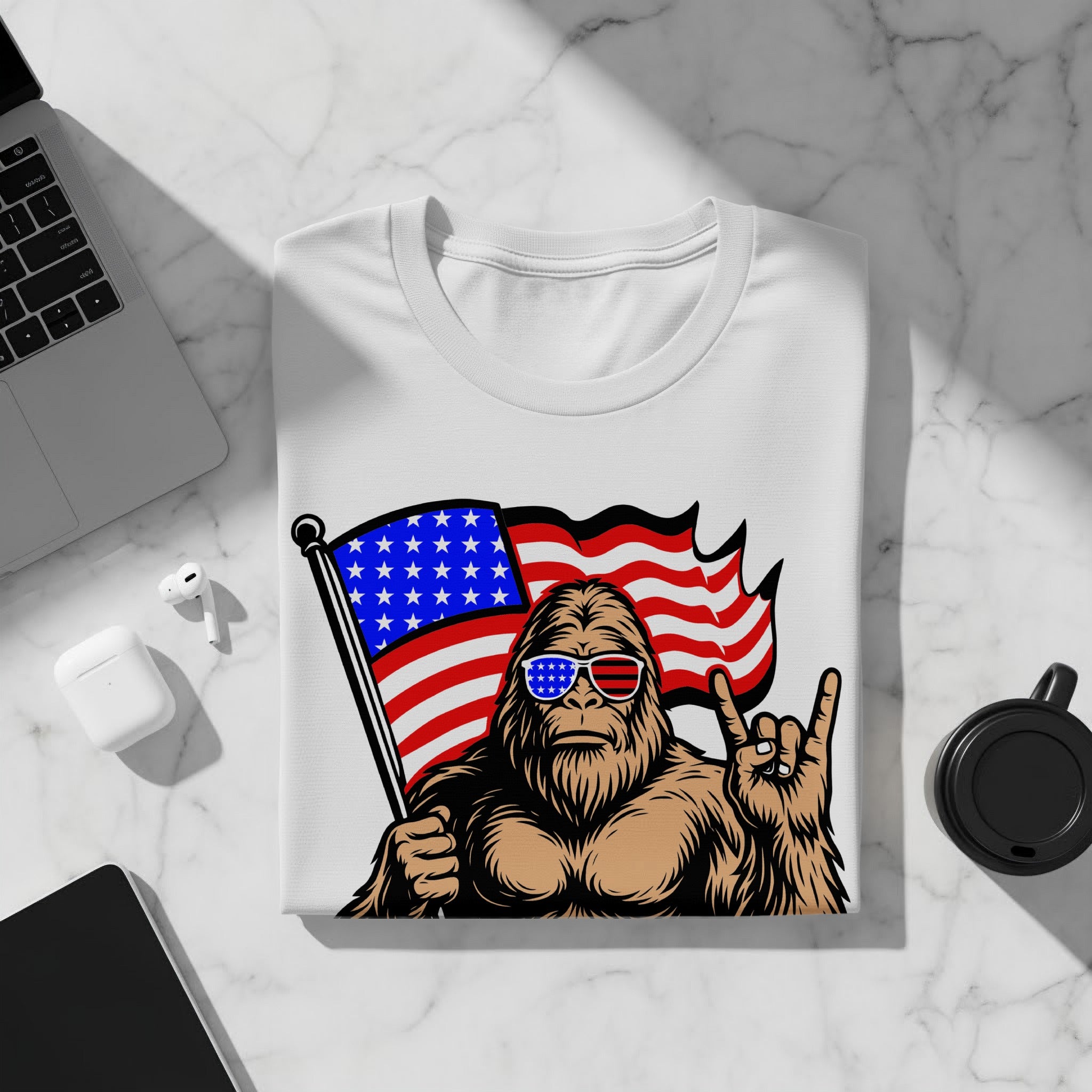 Bigfoot wearing American flag sunglasses holds a flag and makes rock horns gesture.