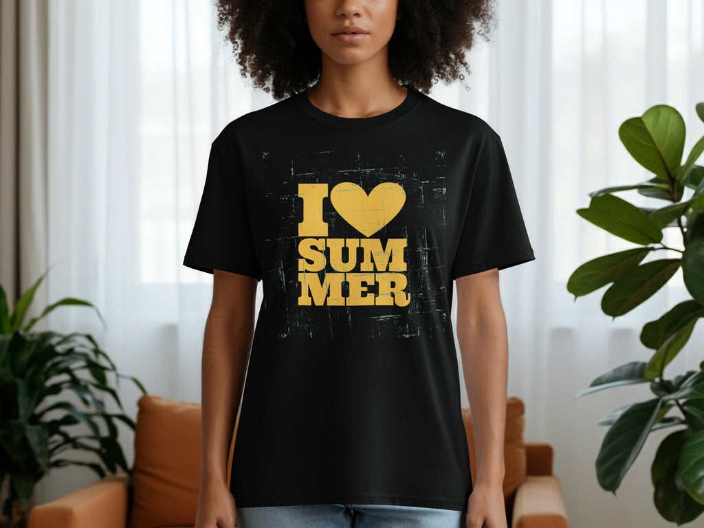 Black t-shirt with yellow "I love SUMMER" text and heart graphic.