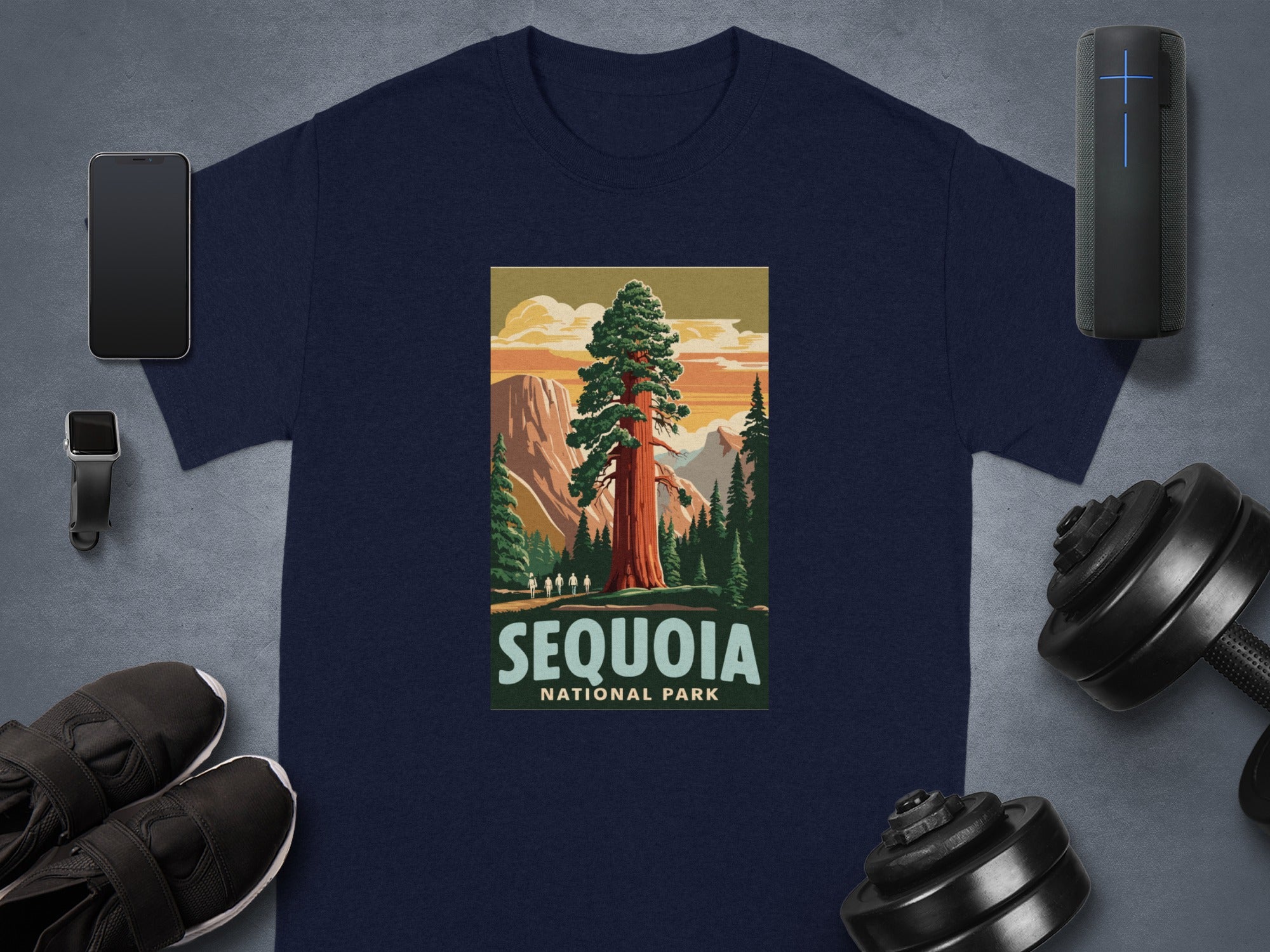 Navy t-shirt with Sequoia National Park vintage art print on the chest.