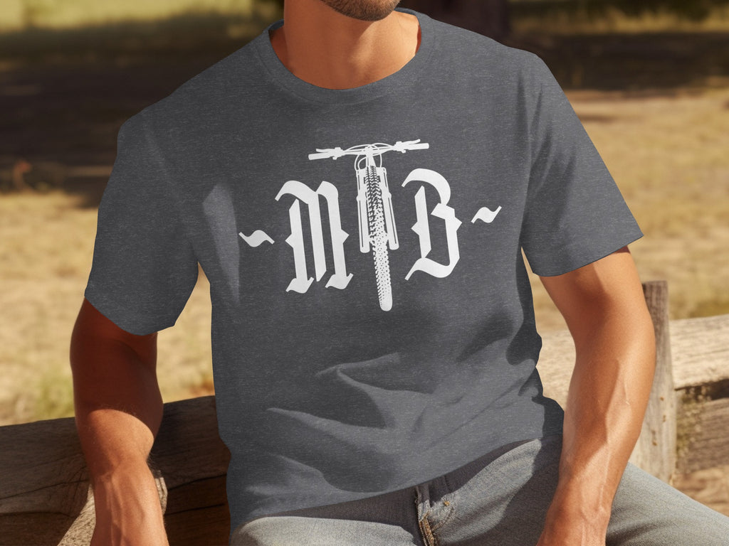 Dark grey t-shirt with white MTB graphic featuring a bicycle front wheel.