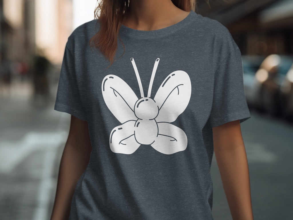 Dark gray t-shirt with white outline of a stylized butterfly graphic.