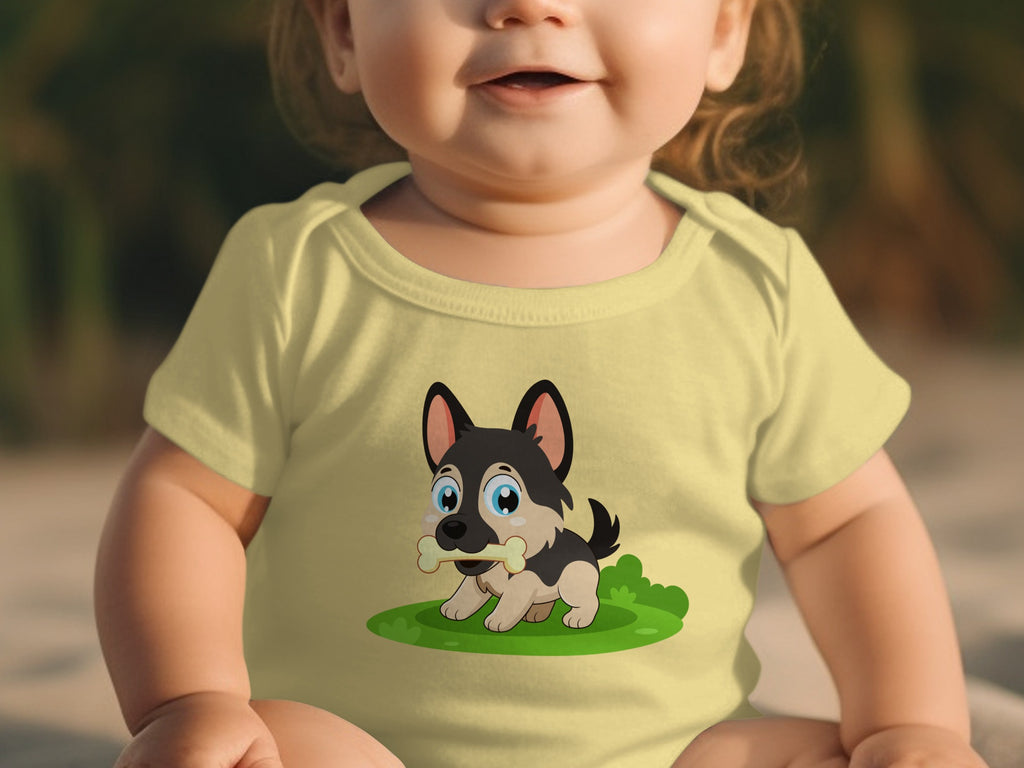 Baby wearing light yellow onesie with cartoon German Shepherd puppy graphic.
