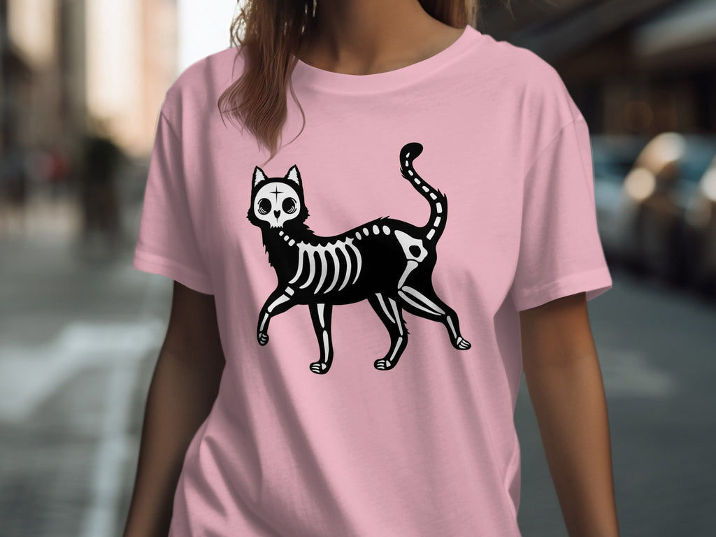 Pink t-shirt with a black skeleton cat graphic.