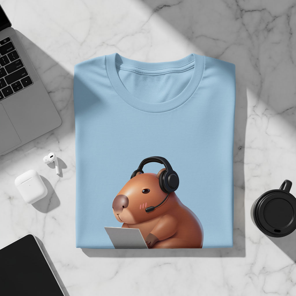 Light blue t-shirt with a graphic of a capybara wearing headphones and using a laptop.