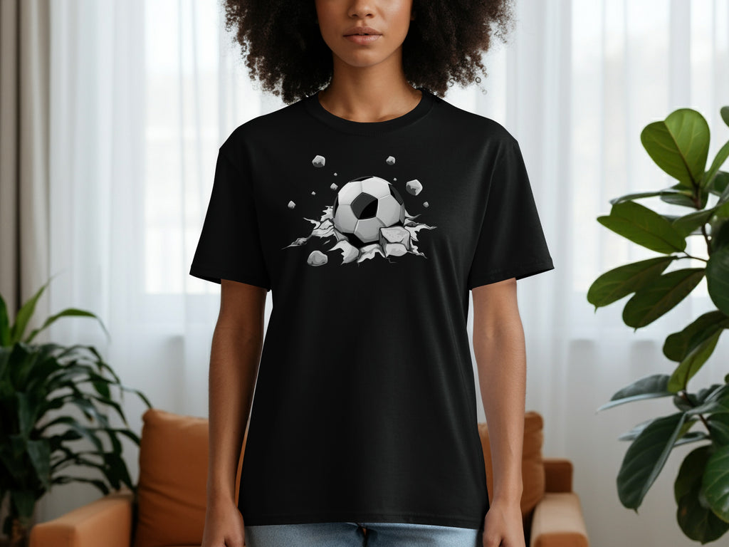 Black t-shirt featuring a graphic of a soccer ball breaking through rocks.