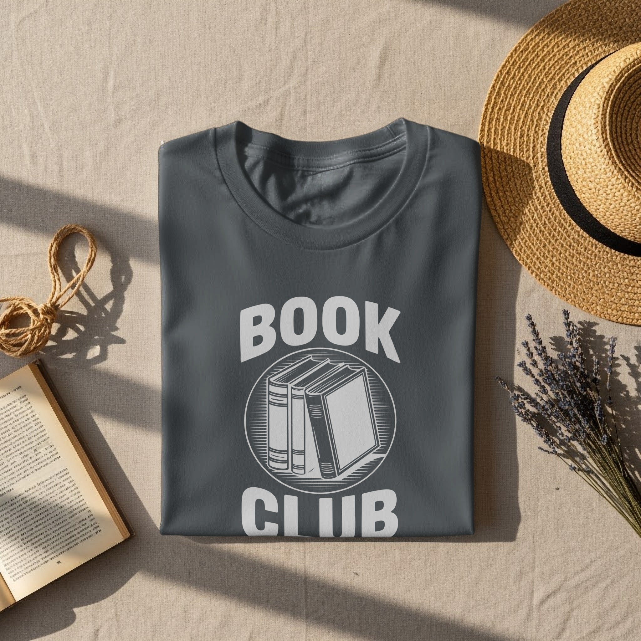 Dark grey t-shirt with "BOOK CLUB" text and book graphic.
