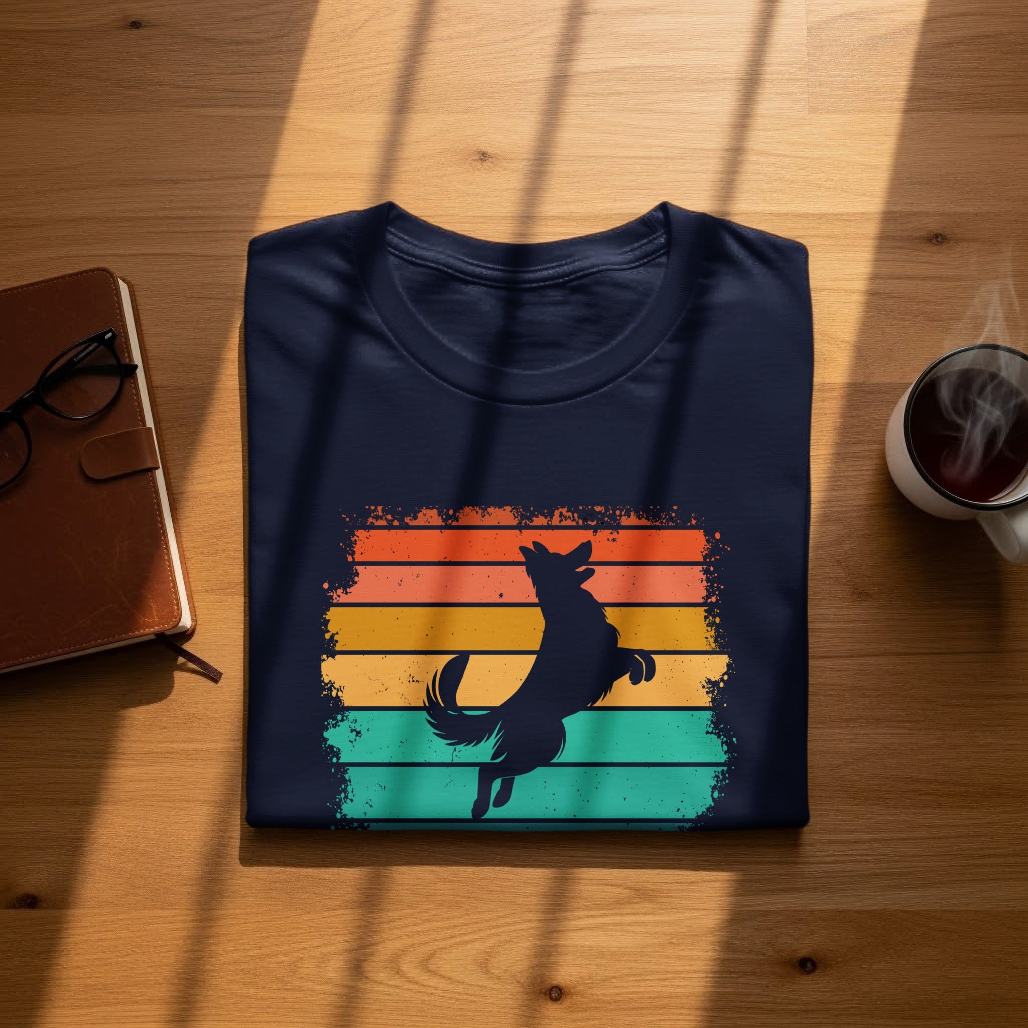 Dark blue t-shirt with black dog silhouette on retro sunset stripes.