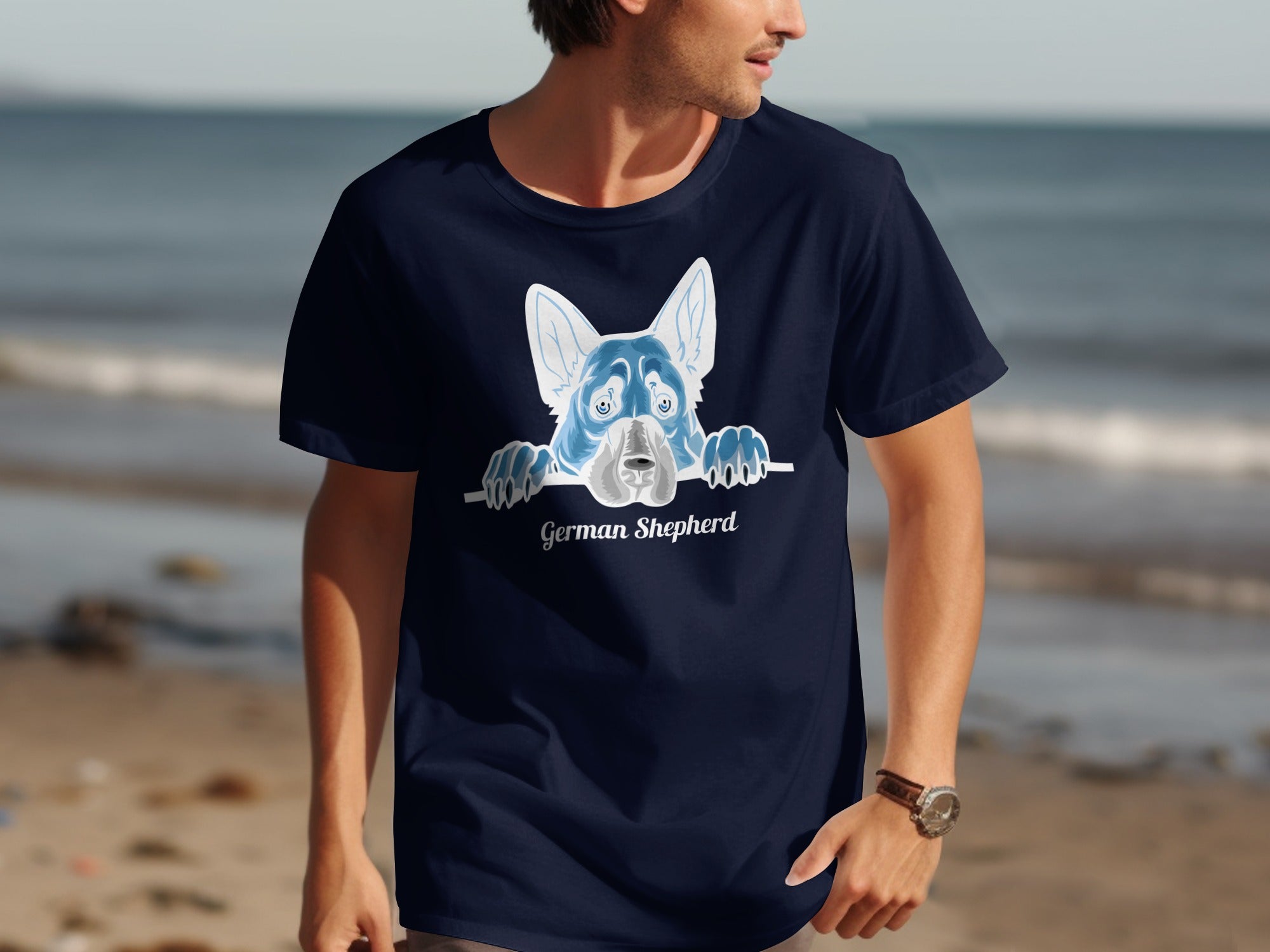 Navy t-shirt with blue German Shepherd graphic and text.