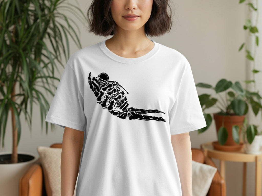 White t-shirt with black graphic of a skeleton hand holding a grenade.