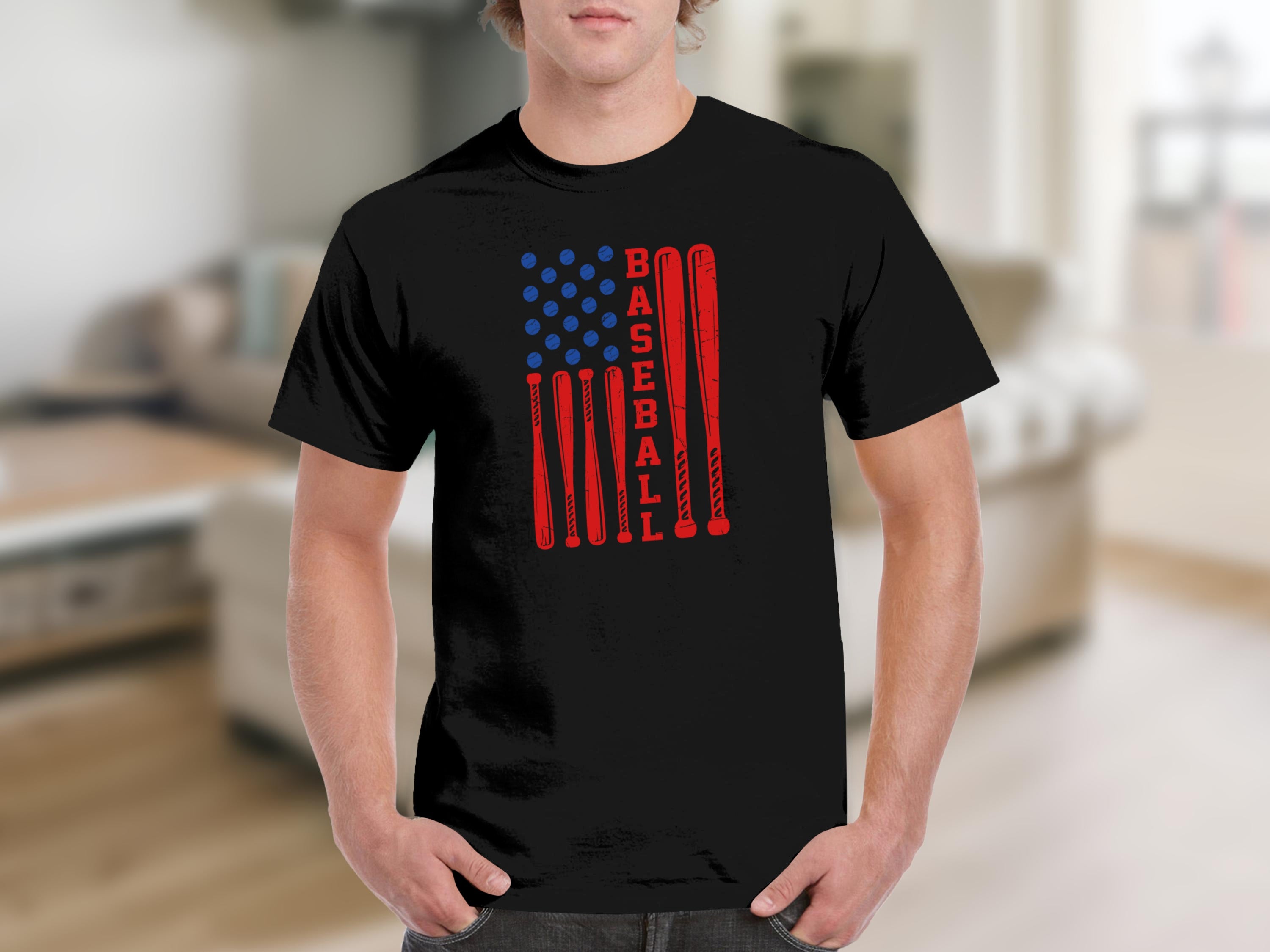 Black t-shirt with American flag design featuring baseball bats and word BASEBALL.