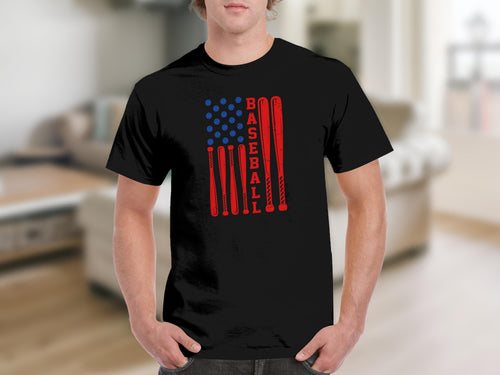 Black t-shirt with American flag design featuring baseball bats and word BASEBALL.