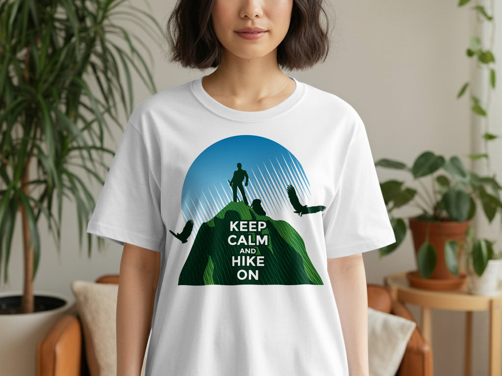 White t-shirt with "Keep Calm and Hike On" text and mountain graphic.