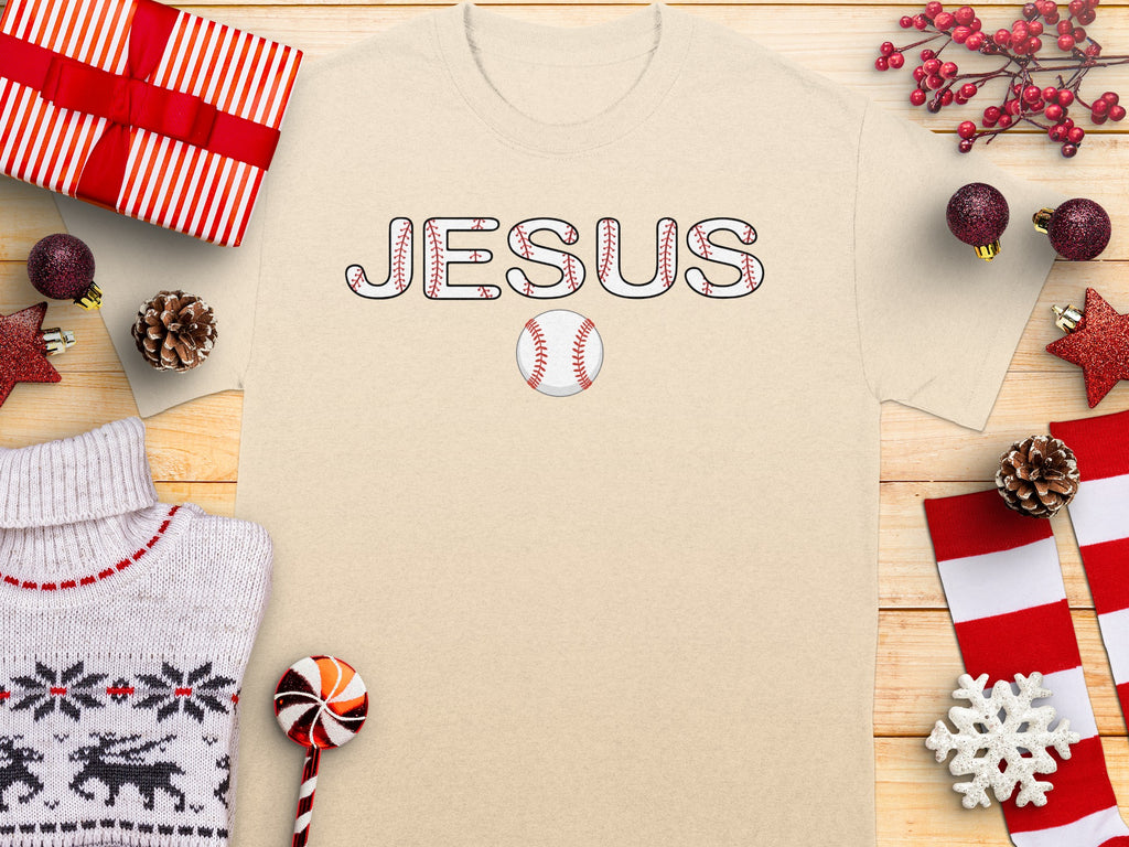 T-shirt with "JESUS" in baseball stitch font and a baseball graphic.