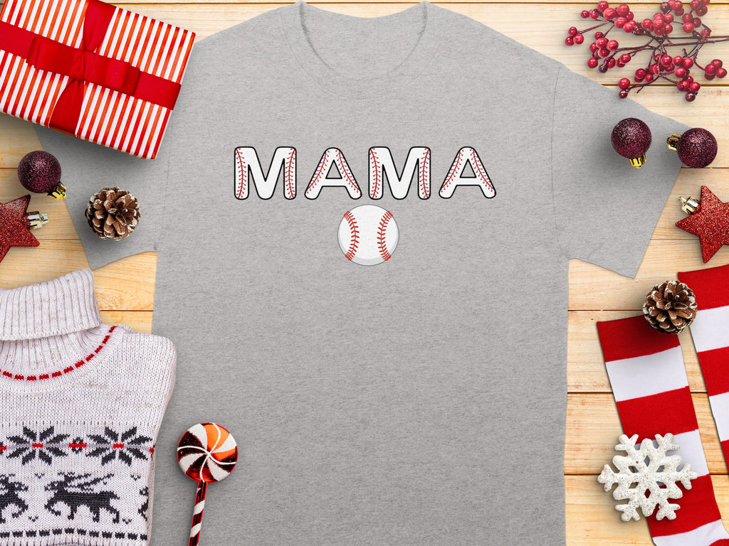 Grey t-shirt with "MAMA" in baseball-stitched letters and a baseball.