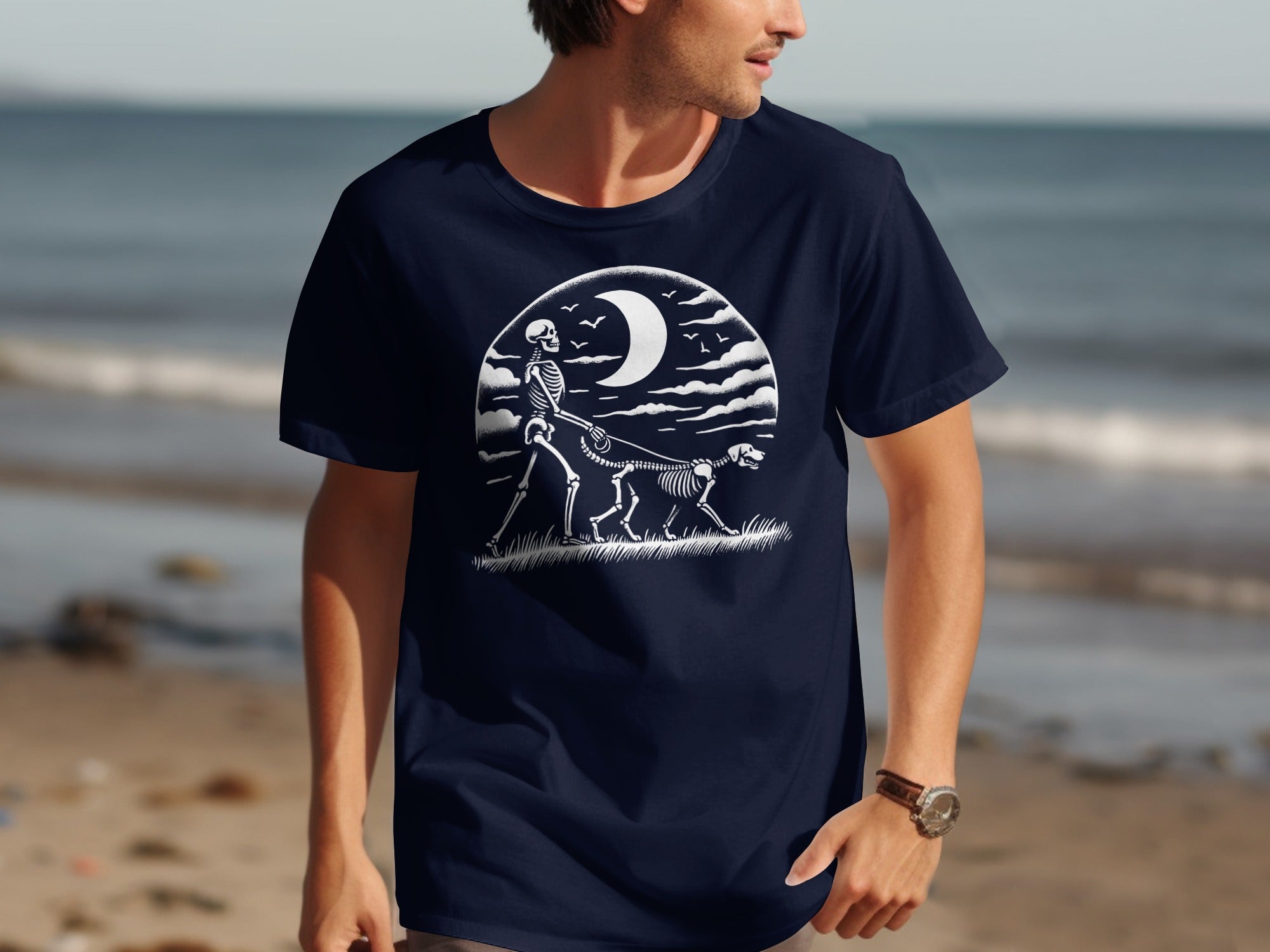 Skeleton walking a dog under a crescent moon and clouds.