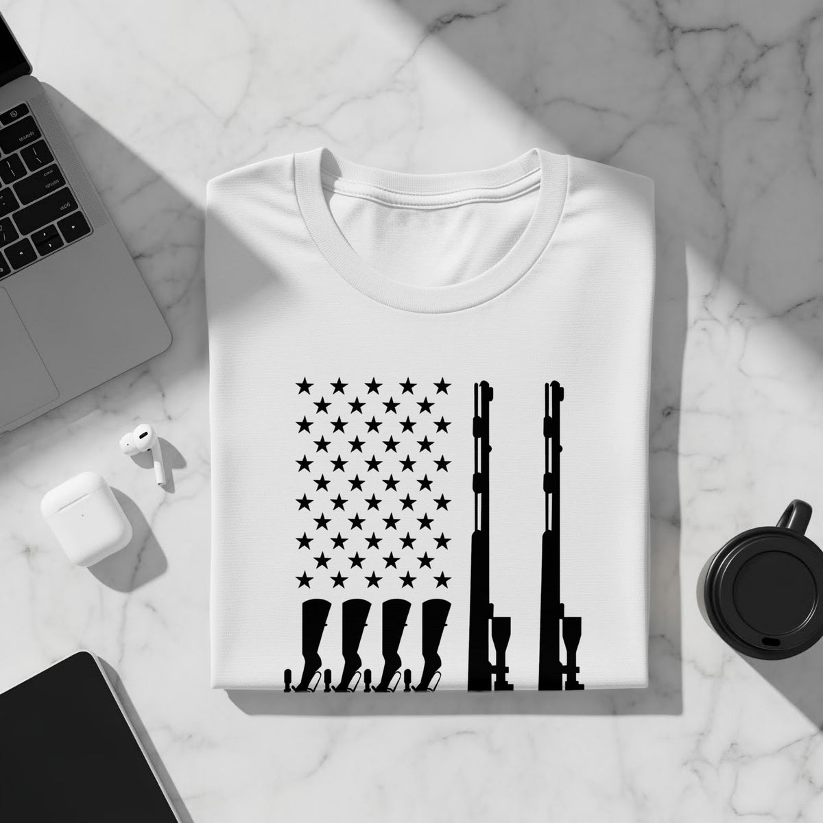 White t-shirt with black American flag design featuring rifles and boot silhouettes.