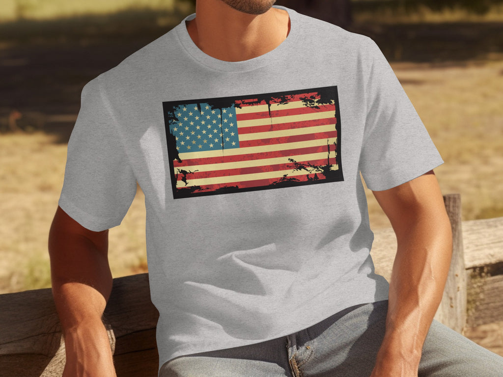 Grey t-shirt with a distressed American flag graphic on the chest.