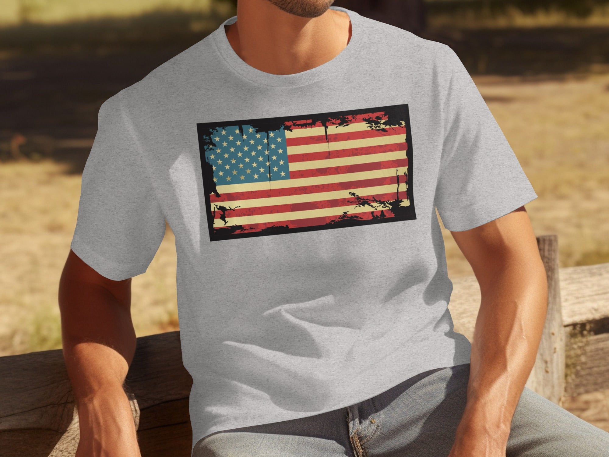 Grey t-shirt with a distressed American flag graphic on the chest.