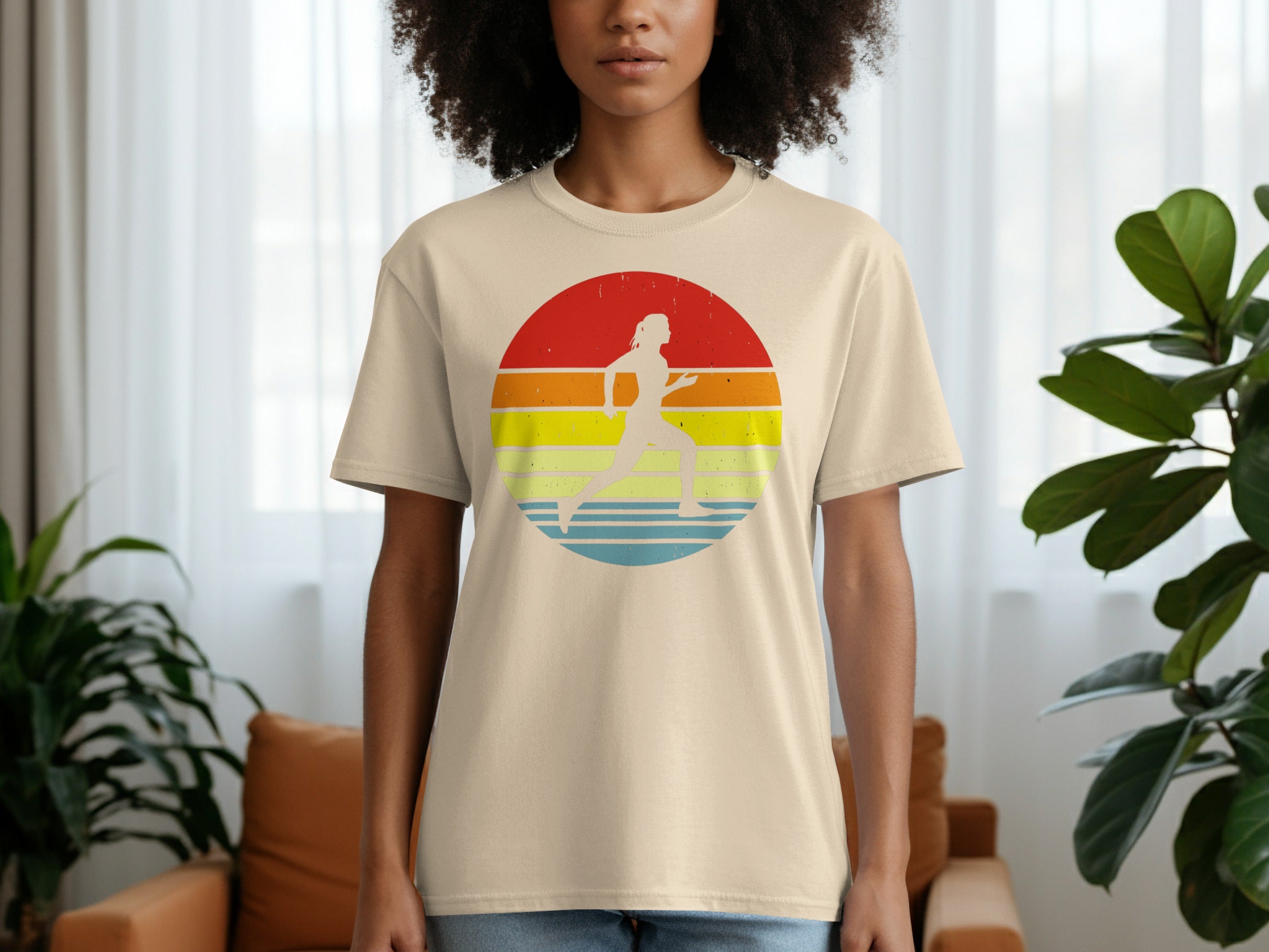 Light t-shirt with a silhouette of a runner on a vintage striped circle.