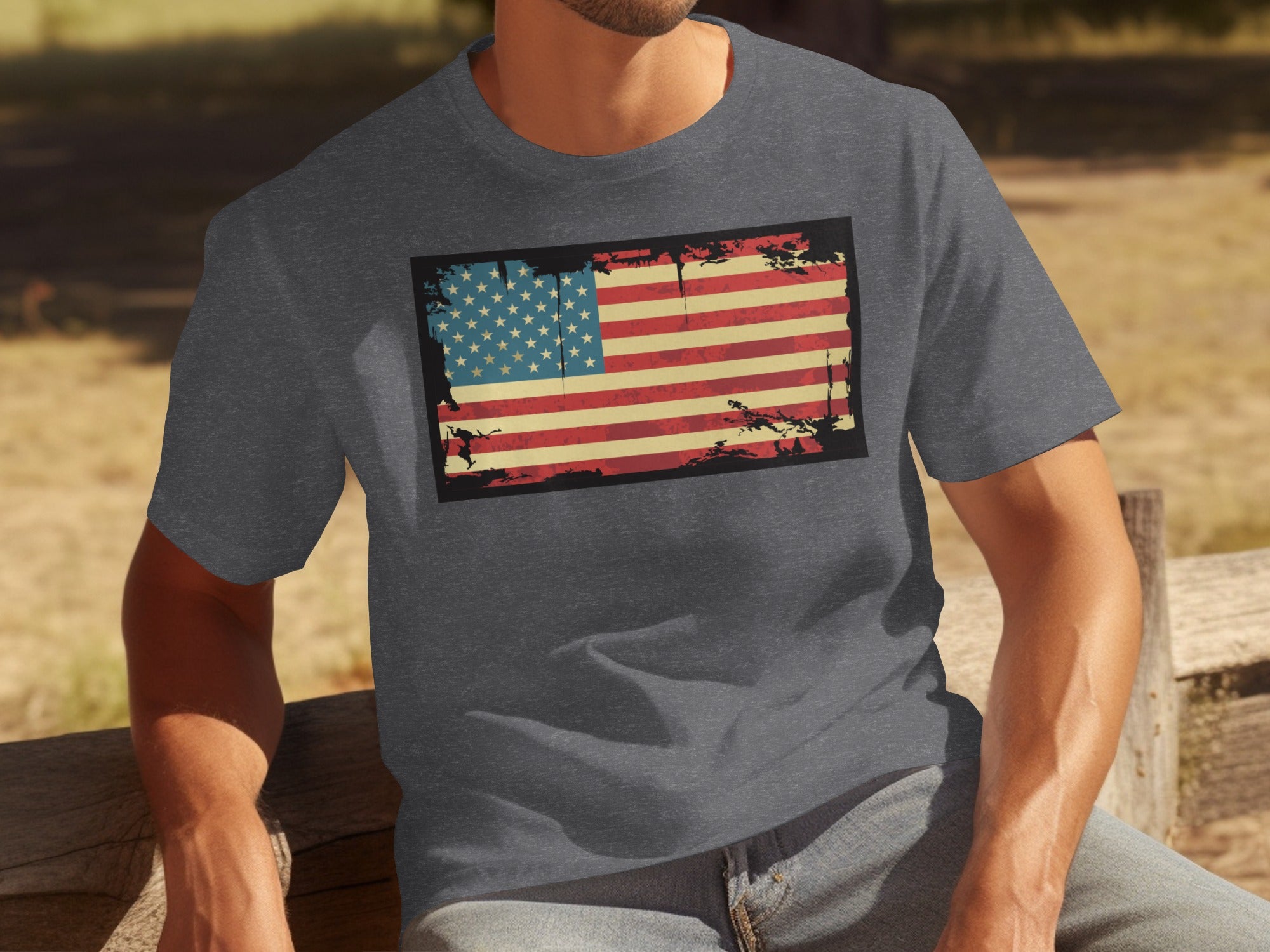 Men's charcoal t-shirt with distressed American flag graphic.