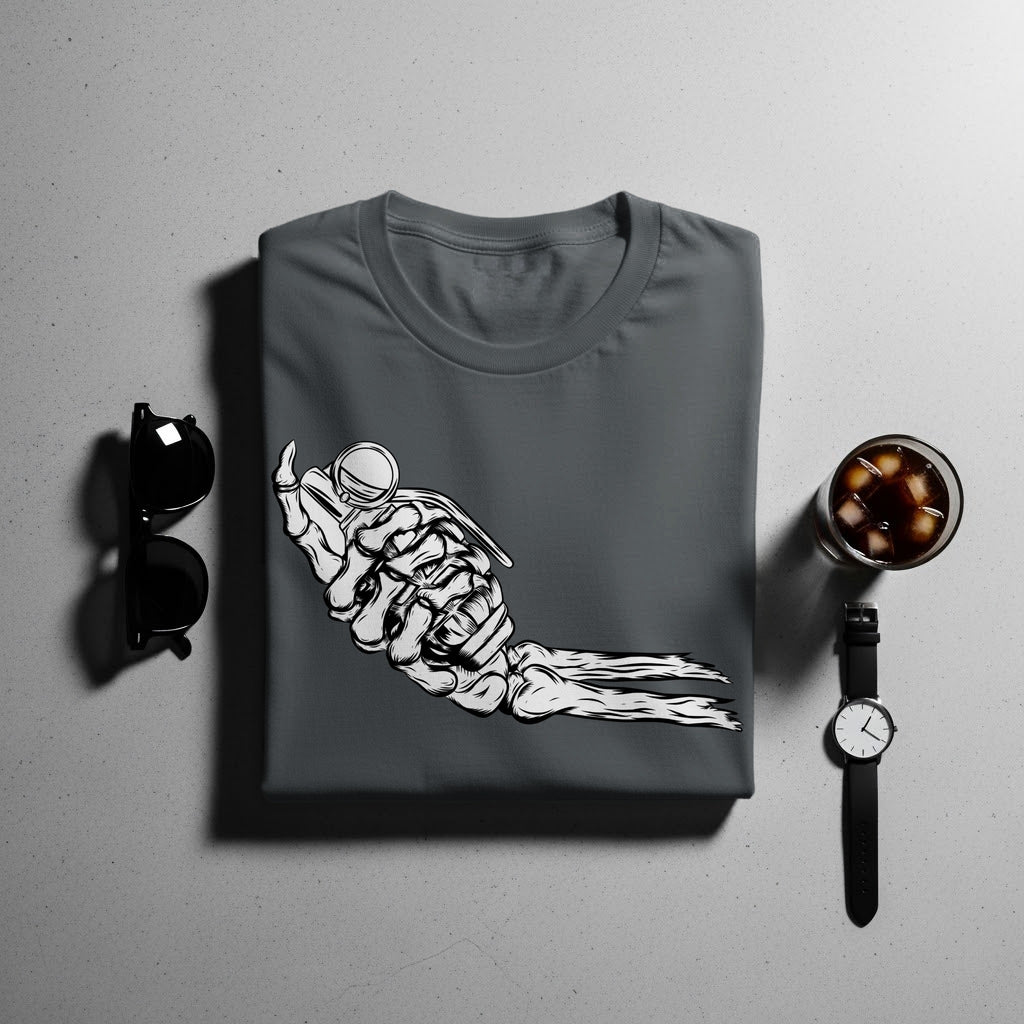 Dark grey t-shirt featuring a white skeleton hand holding a grenade illustration.