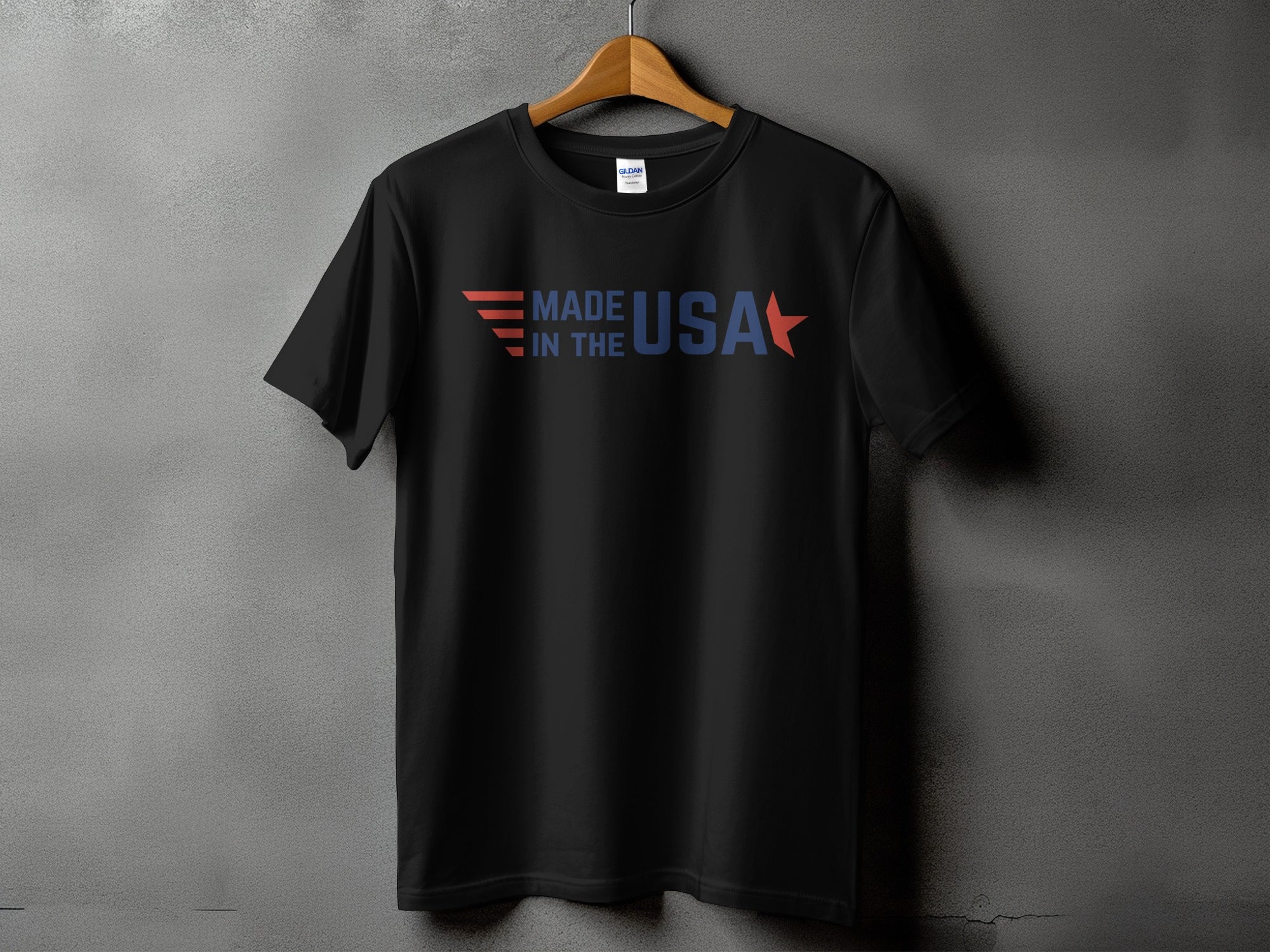 Black t-shirt with "MADE IN THE USA" text and graphic elements.