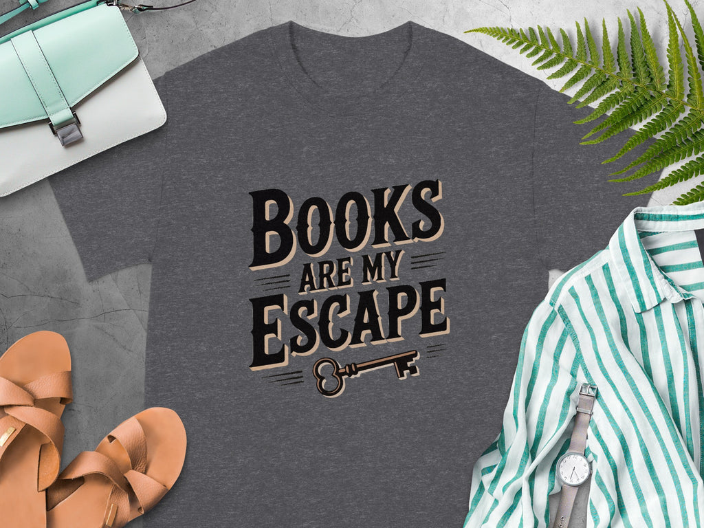 Dark grey t-shirt with "Books Are My Escape" text and a key graphic.