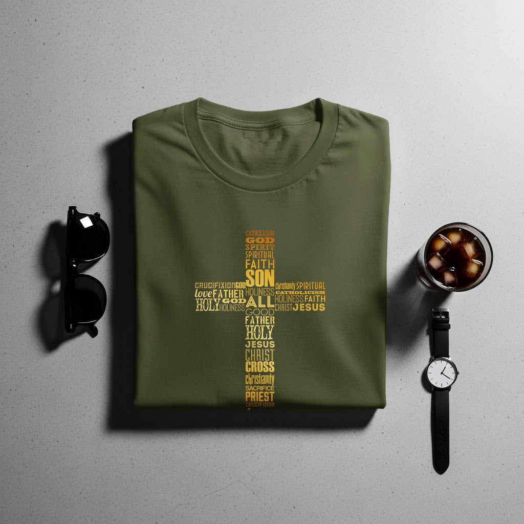 Olive green t-shirt with gold religious word art forming a cross.