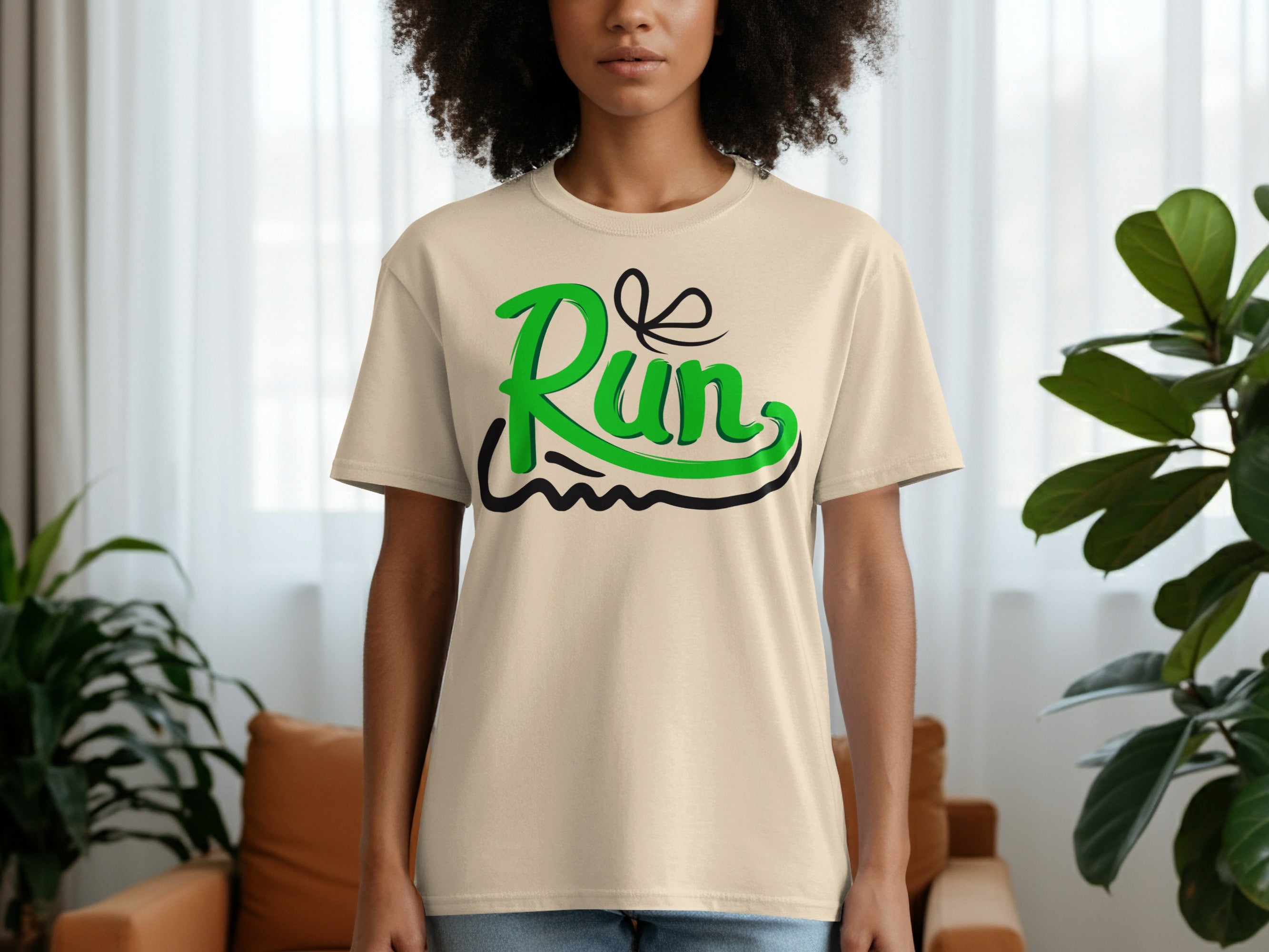 Cream t-shirt with green and black "Run" graphic text.