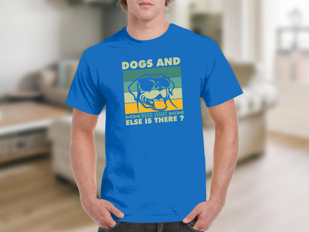 Blue t-shirt with graphic of dog and text "Dogs and Beer What Else is There?"