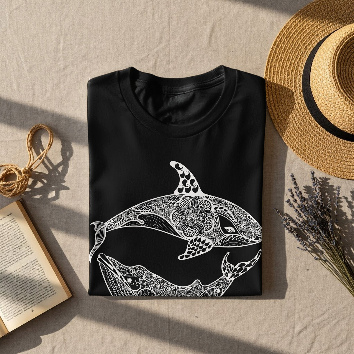 Black t-shirt featuring a white mandala design of a killer whale and a whale.