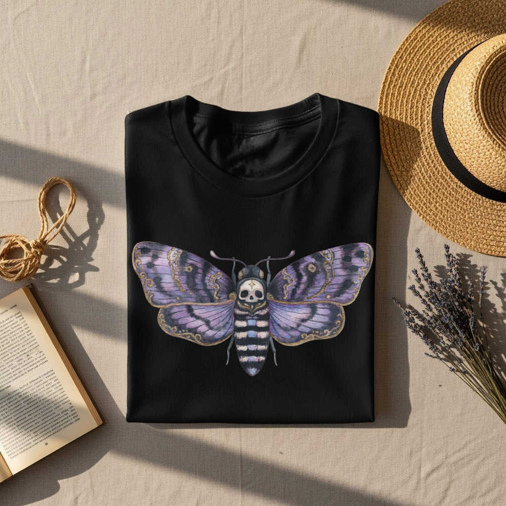 Black t-shirt with a purple and gold skull moth graphic.