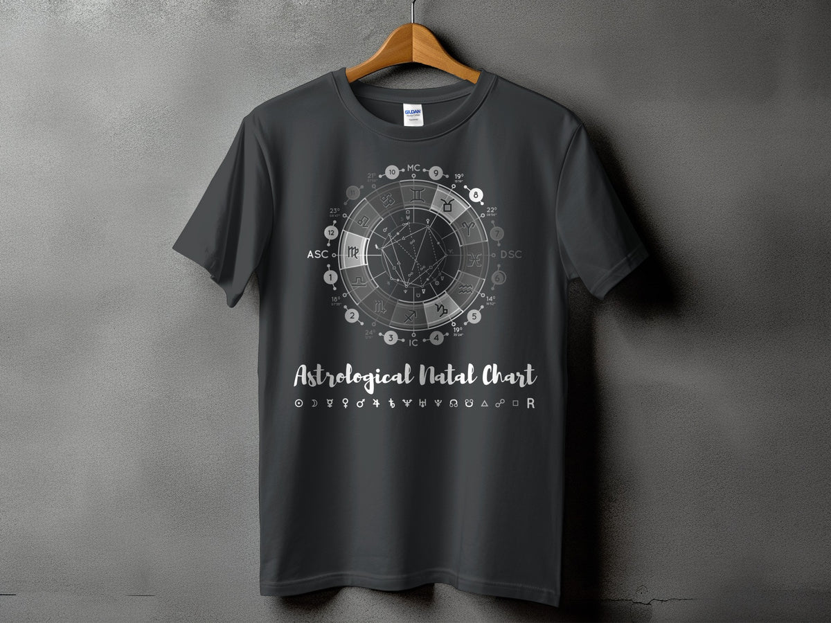 Dark gray t-shirt with a white astrological natal chart design and text.