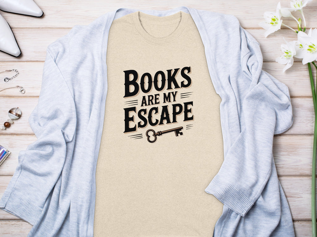 Tan t-shirt with "Books Are My Escape" and a key graphic.