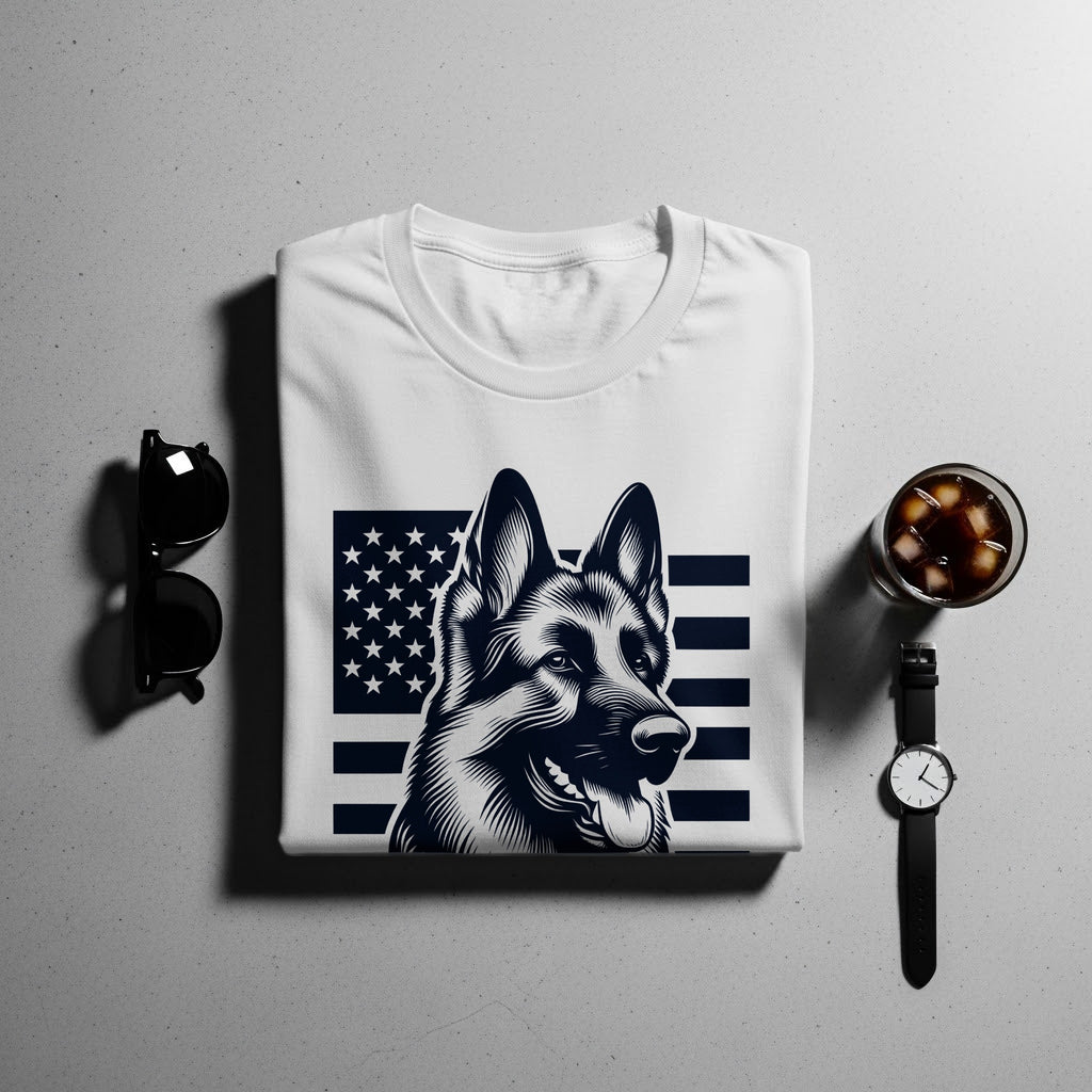 White t-shirt with German Shepherd and American flag graphic.
