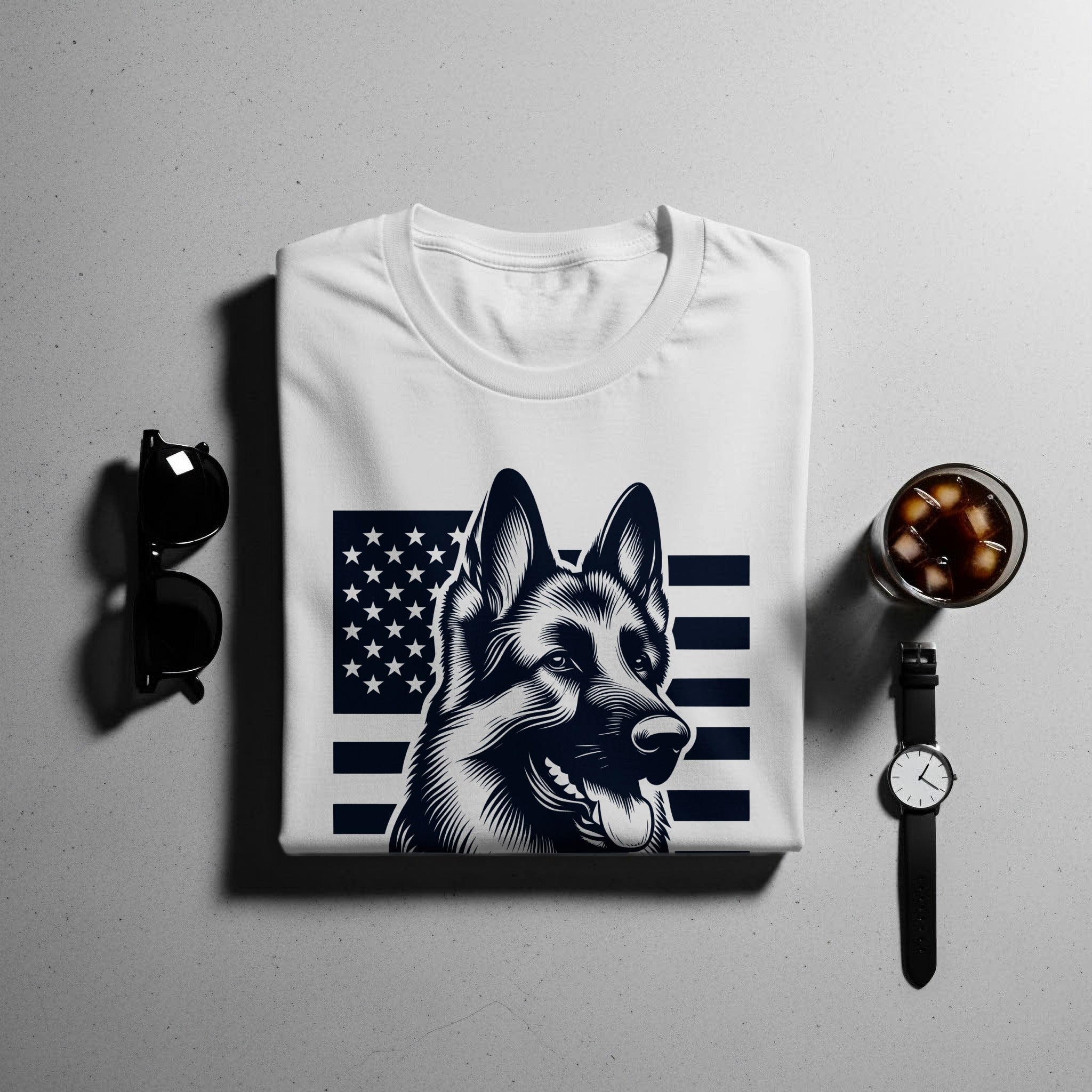 White t-shirt with German Shepherd and American flag graphic.