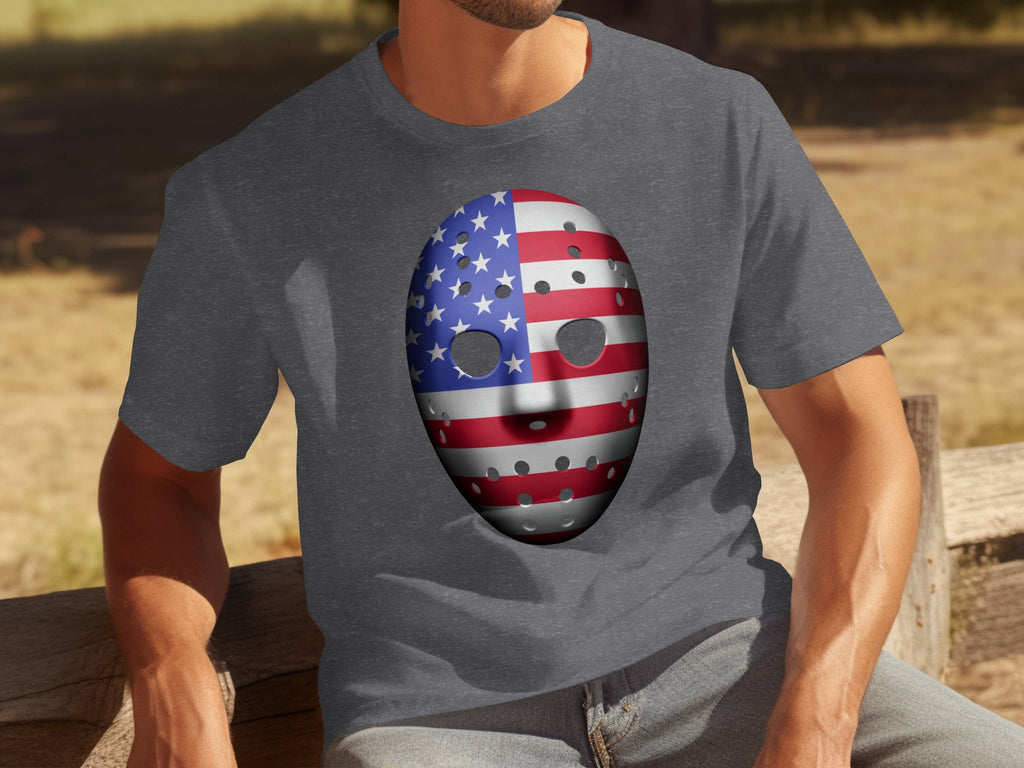 Dark grey t-shirt with a hockey mask featuring the American flag design.